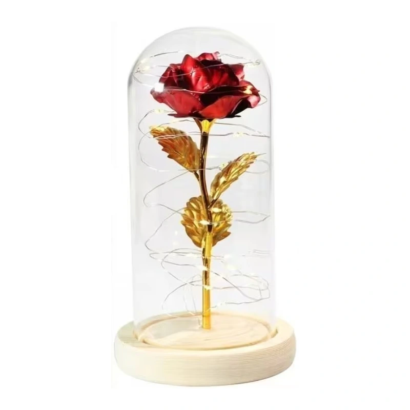 Wieczna Róża w Szkle - 2061- Róża metalizowana z drewnianą podstawą